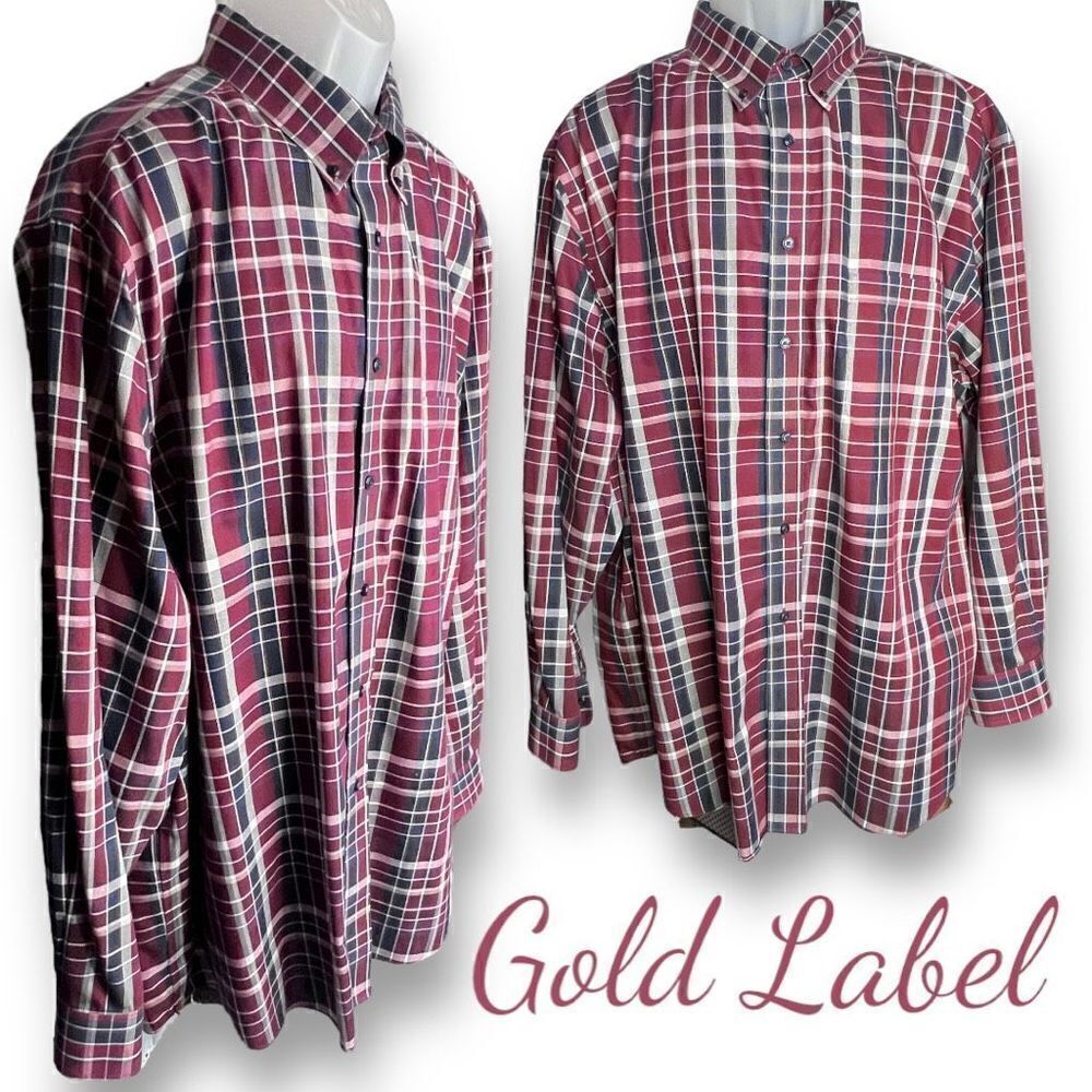Gold Label Shirt Button Down Men's XXL Long Sleeve Cotton  Plaid Red